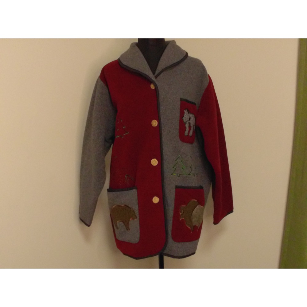 Northern Sun Womens Large Wool Blend Jacket Red Grey Animal Patch Made in Canada